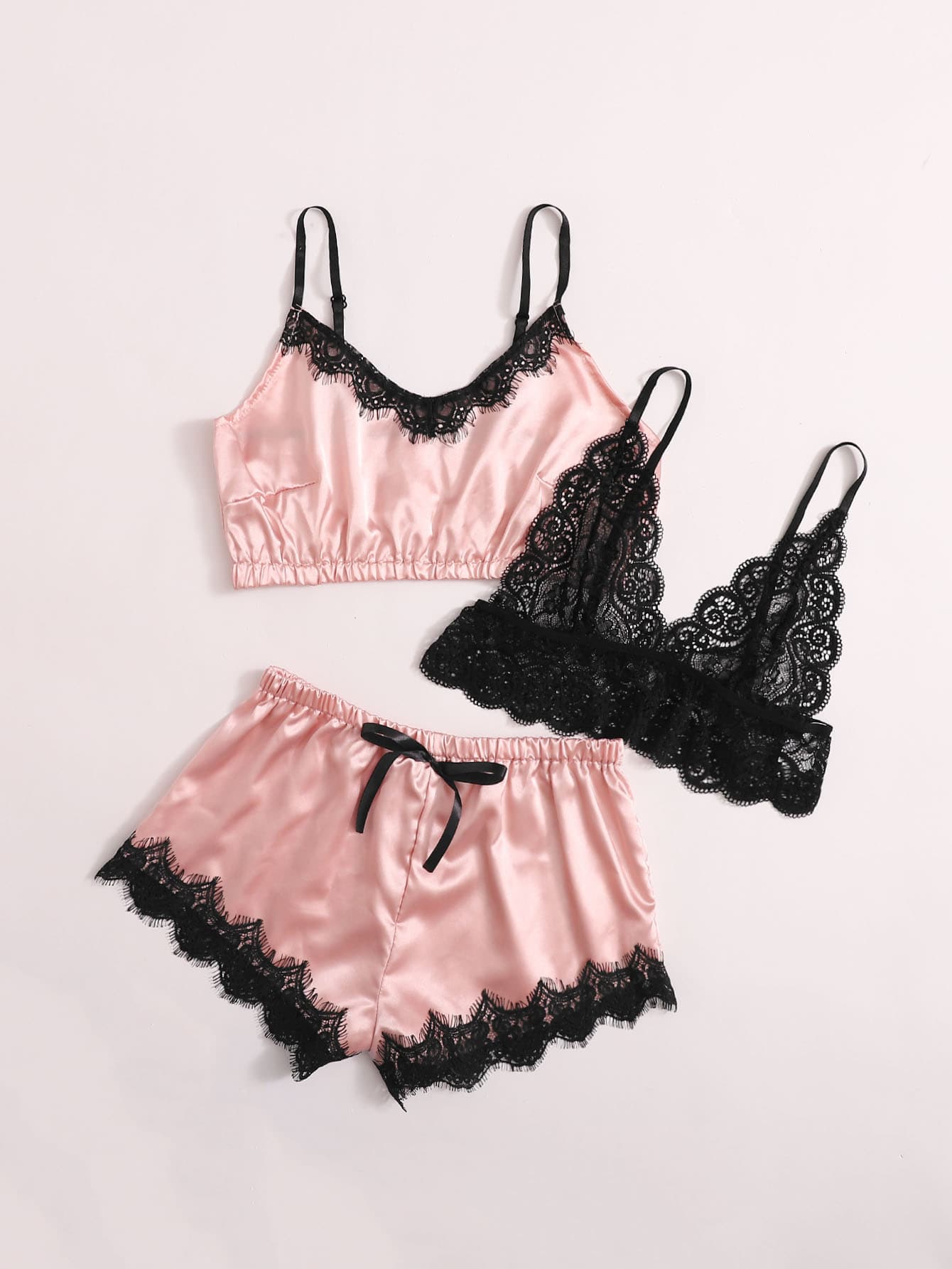 3pack Contrast Lace Satin Lingerie Sets for Women