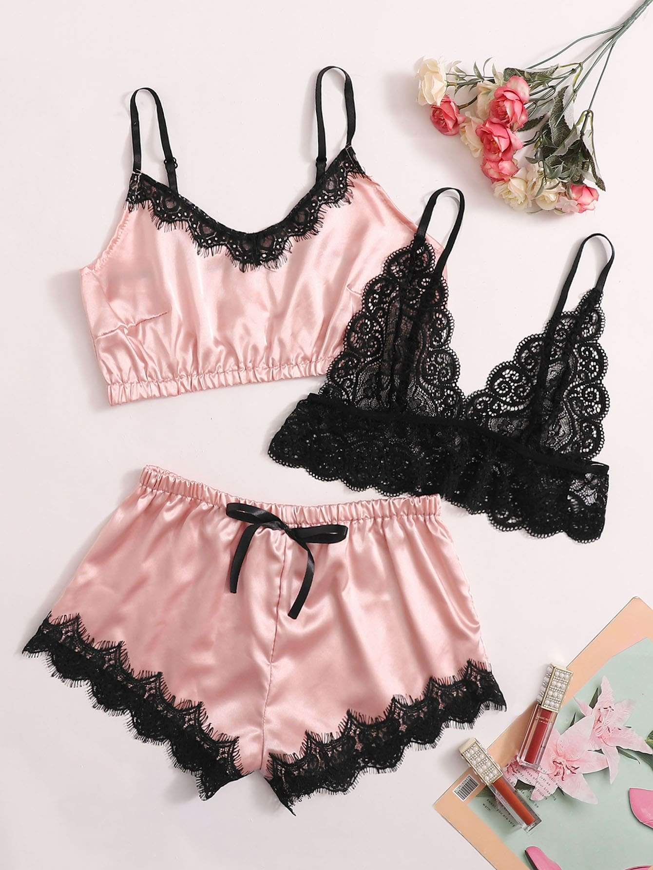 3pack Contrast Lace Satin Lingerie Sets for Women