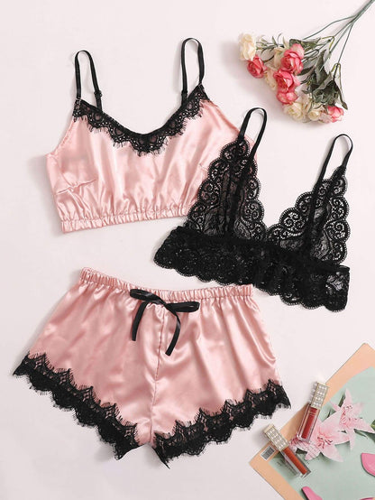 3pack Contrast Lace Satin Lingerie Sets for Women