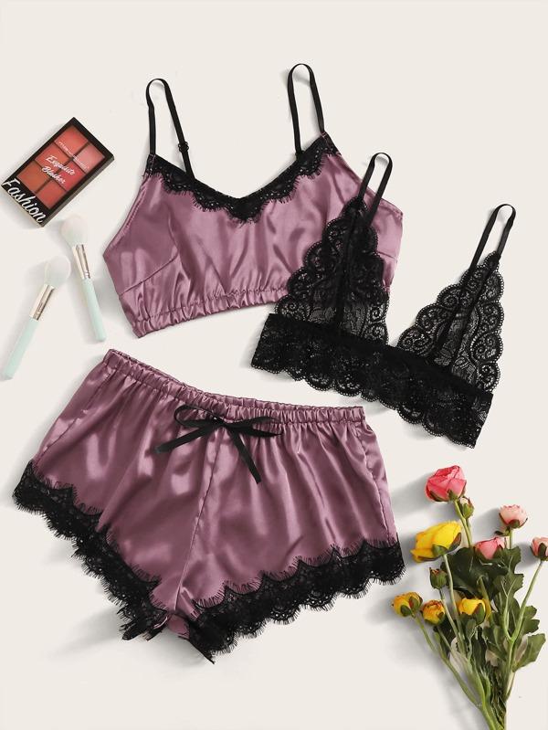 3pack Contrast Lace Satin Lingerie Set for Women