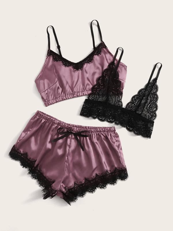 3pack Contrast Lace Satin Lingerie Set for Women