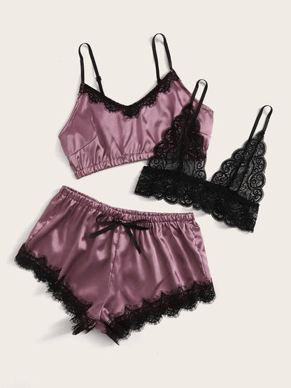 3pack Contrast Lace Satin Lingerie Set for Women