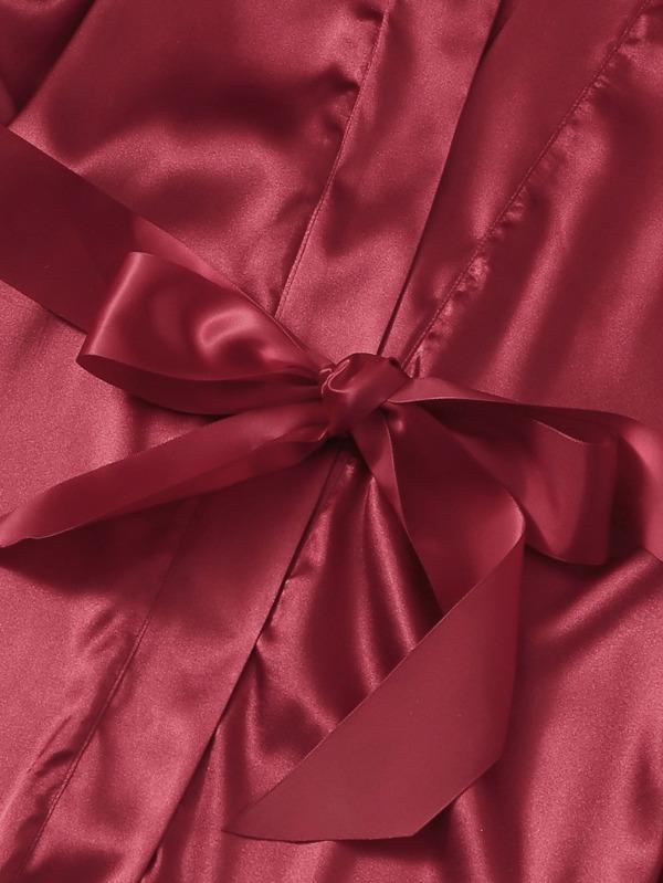 3pack Contrast Lace Satin Lingerie Set & Belted Robe for Women