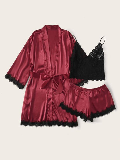 3pack Contrast Lace Satin Lingerie Set & Belted Robe for Women