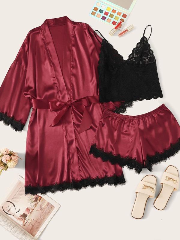 3pack Contrast Lace Satin Lingerie Set & Belted Robe for Women