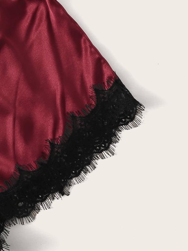 3pack Contrast Lace Satin Lingerie Set & Belted Robe for Women