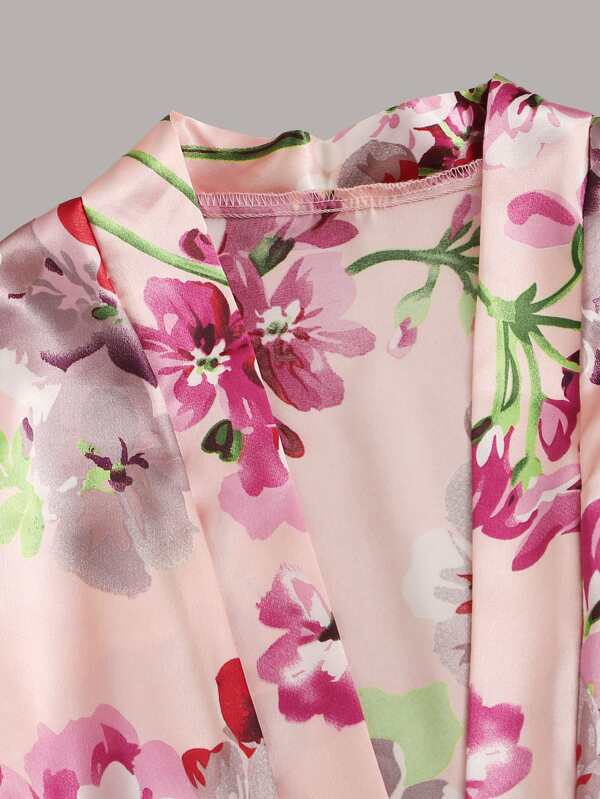 3pack Floral Lace Lingerie Set & Satin Belted Robe for Women