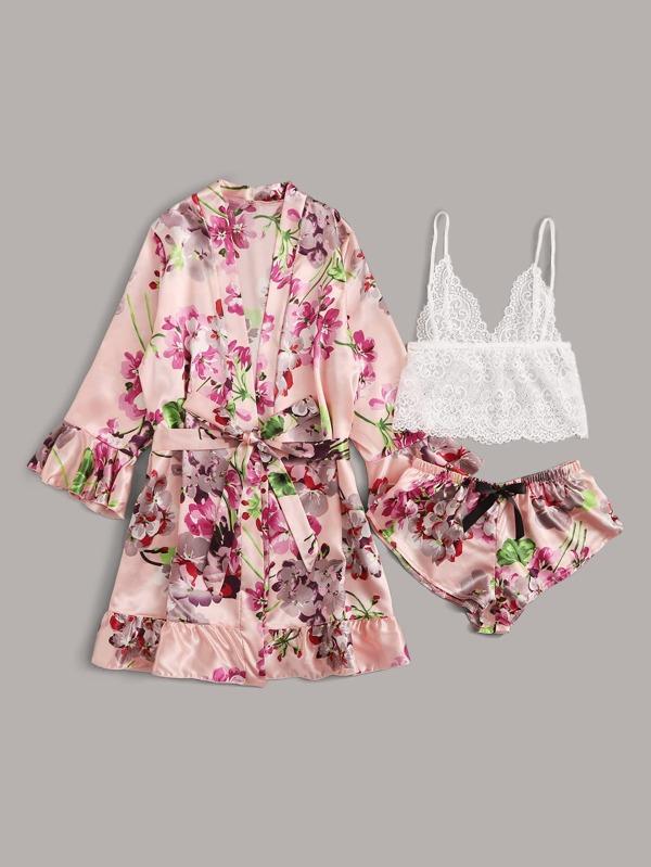 3pack Floral Lace Lingerie Set & Satin Belted Robe for Women