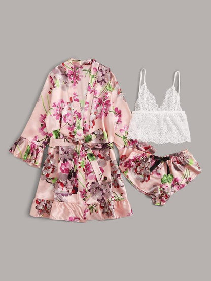 3pack Floral Lace Lingerie Set & Satin Belted Robe for Women