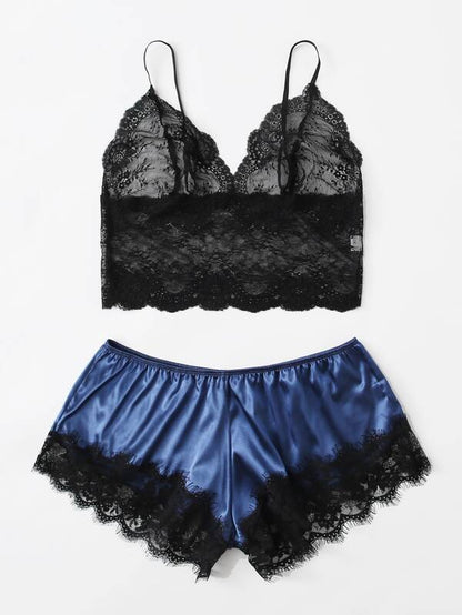 3pack Plus Contrast Lace Satin Lingerie Set & Robe for Women