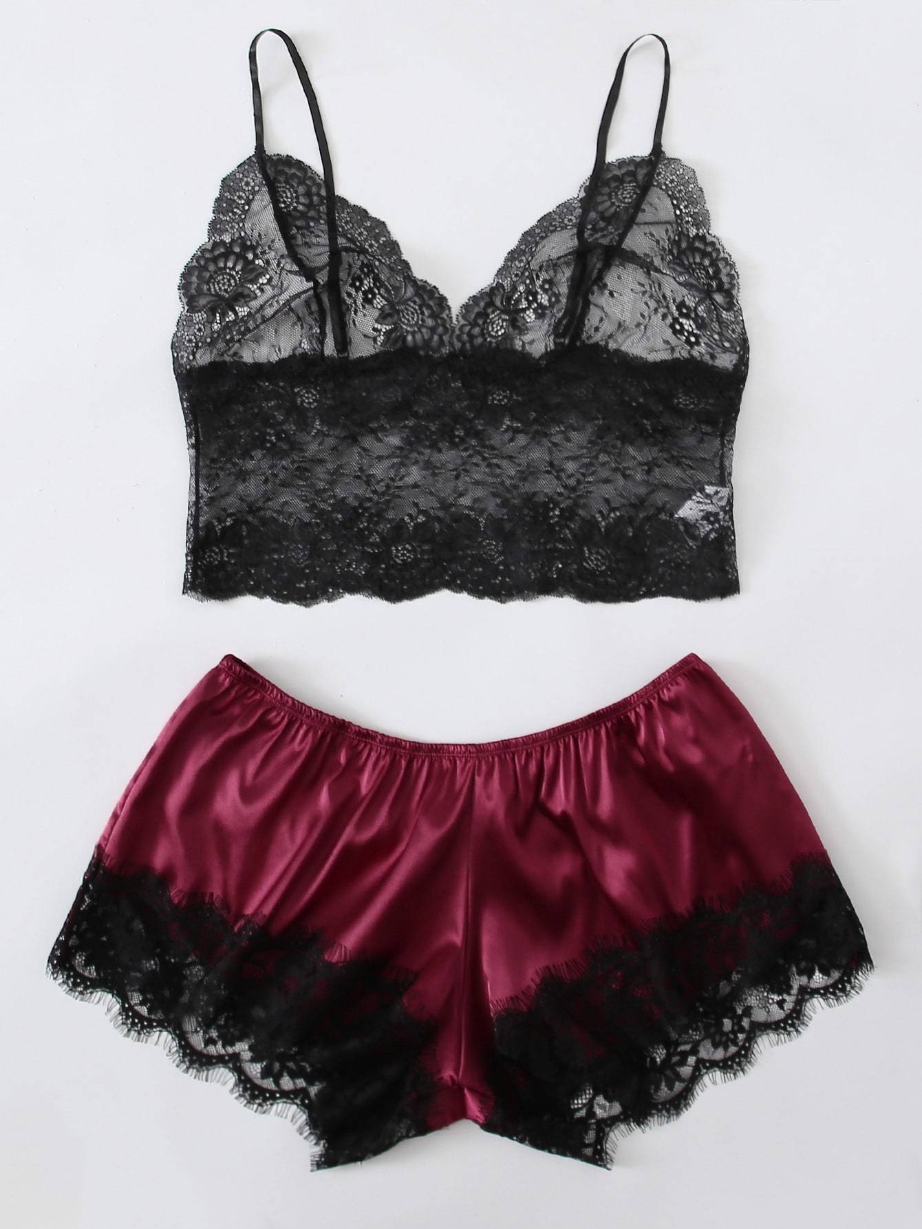 3pack Plus Contrast Lace Satin Lingerie Set & Robe for Women