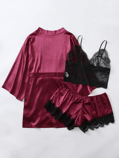 3pack Plus Contrast Lace Satin Lingerie Set & Robe for Women