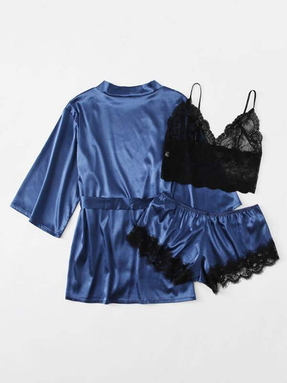 3pack Plus Contrast Lace Satin Lingerie Set & Robe for Women