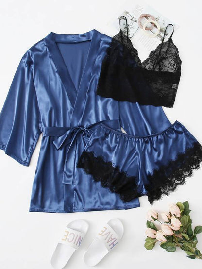 3pack Plus Contrast Lace Satin Lingerie Set & Robe for Women