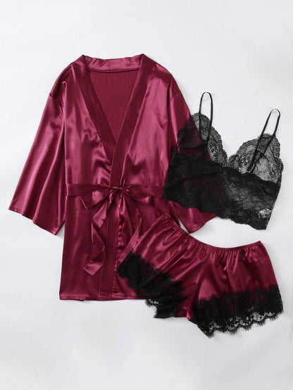3pack Plus Contrast Lace Satin Lingerie Set & Robe for Women