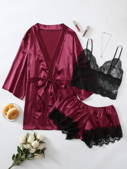 3pack Plus Contrast Lace Satin Lingerie Set & Robe for Women