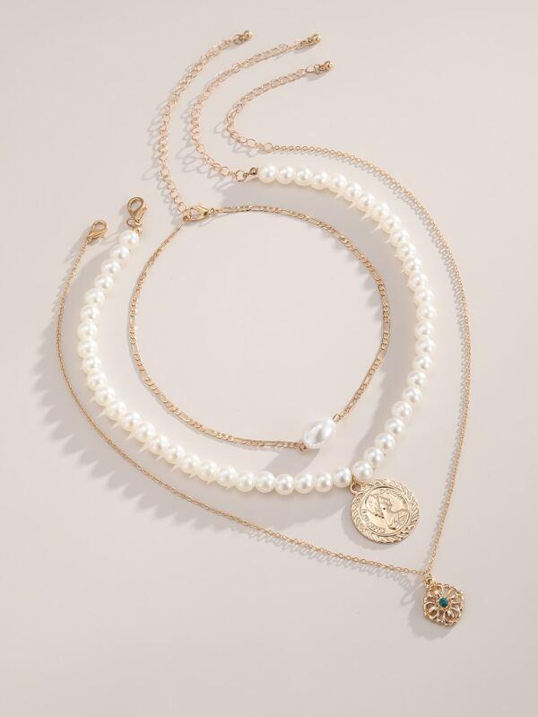 3pcs Coin Faux Pearl Decor Necklace for Women
