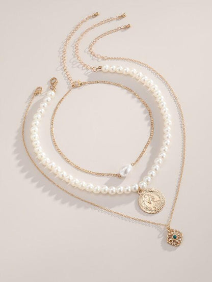 3pcs Coin Faux Pearl Decor Necklace for Women