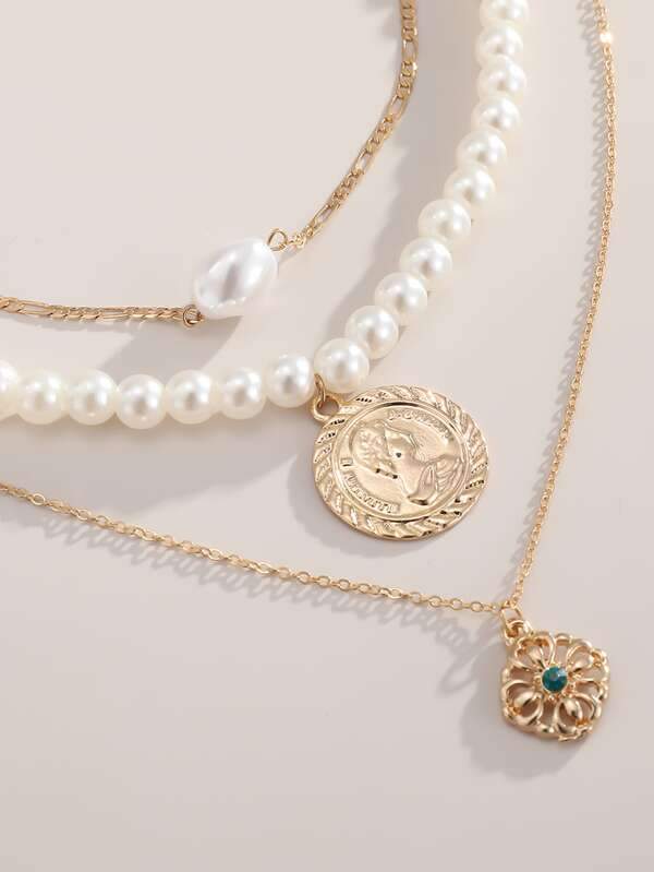 3pcs Coin Faux Pearl Decor Necklace for Women