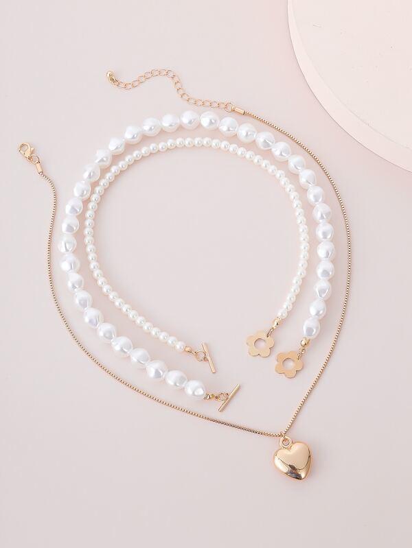 3pcs Faux Pearl Heart Decor Necklace for Women