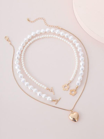 3pcs Faux Pearl Heart Decor Necklace for Women