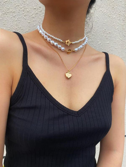 3pcs Faux Pearl Heart Decor Necklace for Women