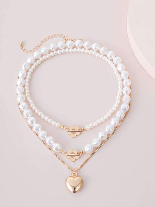3pcs Faux Pearl Heart Decor Necklace for Women