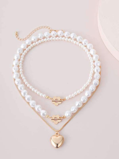 3pcs Faux Pearl Heart Decor Necklace for Women