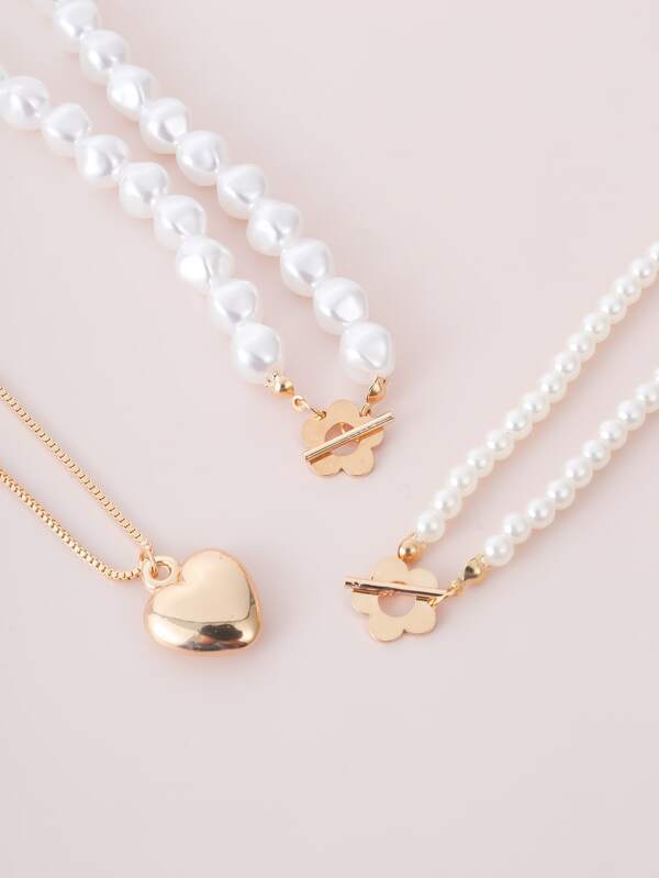 3pcs Faux Pearl Heart Decor Necklace for Women