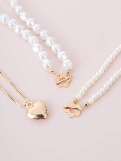 3pcs Faux Pearl Heart Decor Necklace for Women