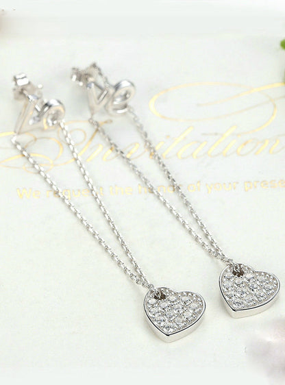 Sterling Silver Heart LOVE Long Earrings 925