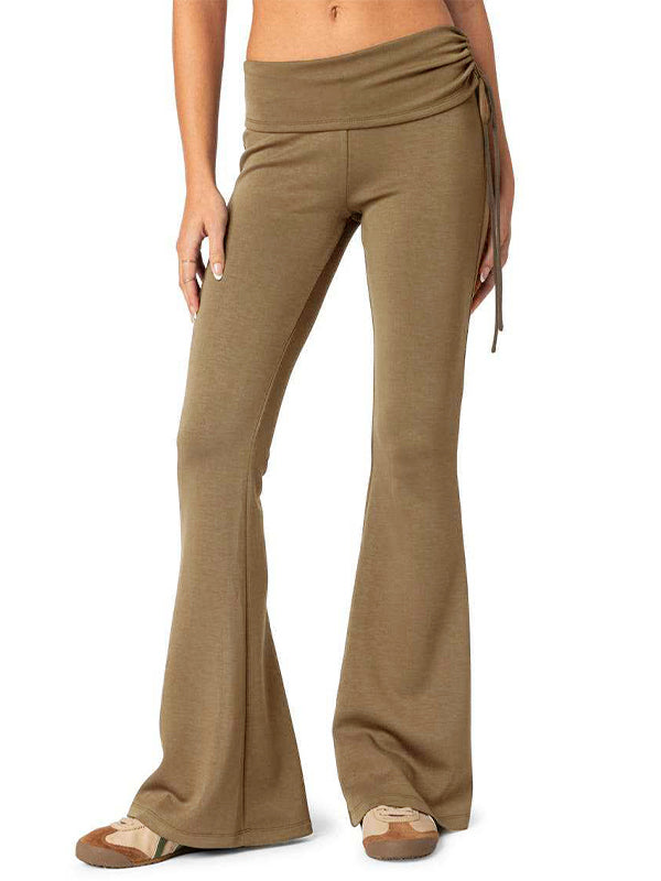 Solid Ruched Drawstring Flare Leg Pants