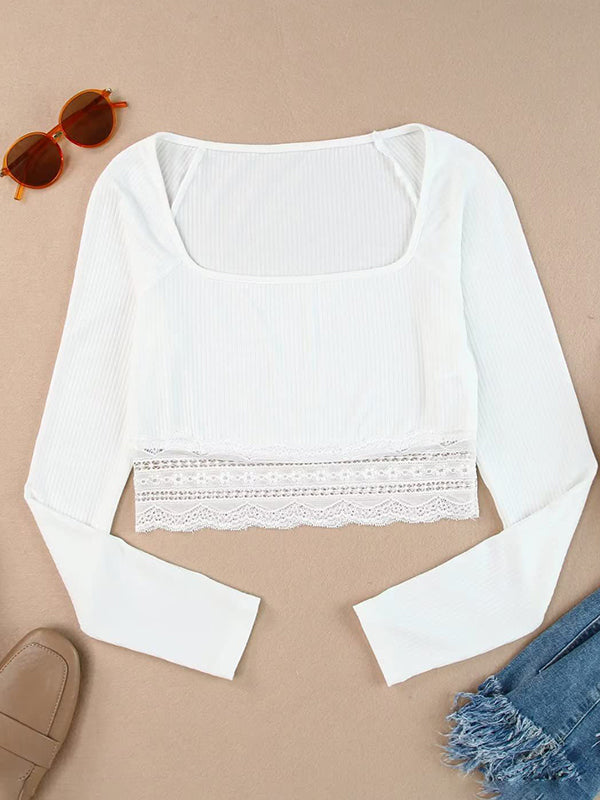 Solid Color Lace Hem Square Neck Crop Long Sleeve Knit