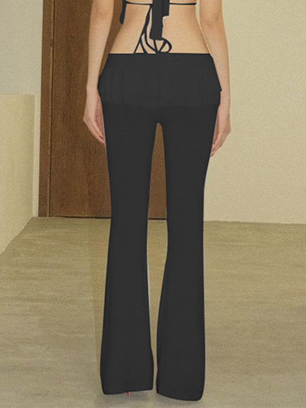 Solid Ruffled Trim Tie Up Flare Leg Pants