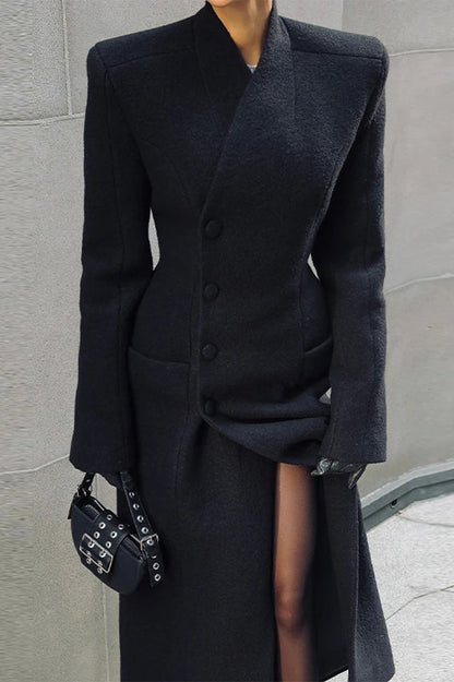 V-Neck Solid Slim Single-Breasted Coat