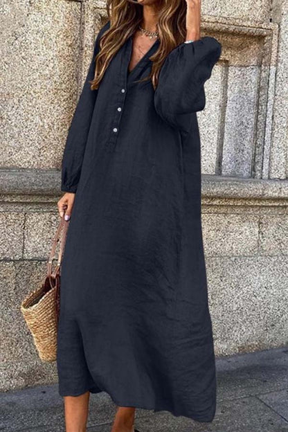 Vestido extragrande de manga larga con cuello en V y botones para mujer | Ideal para primavera/verano