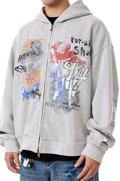 Hip-hop Graffiti Print Zip-up Hooded Coat
