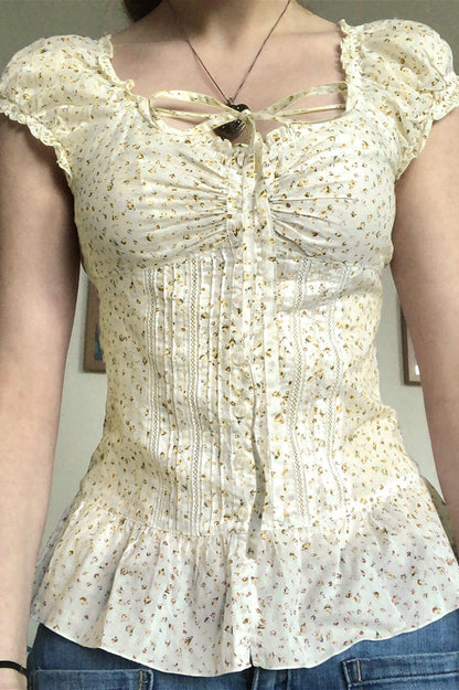 Vintage Floral Tie Buttoned Puff Sleeve Blouse