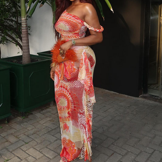 Off shoulder contrast print ruffle maxi dress  | Festival Outfits Women