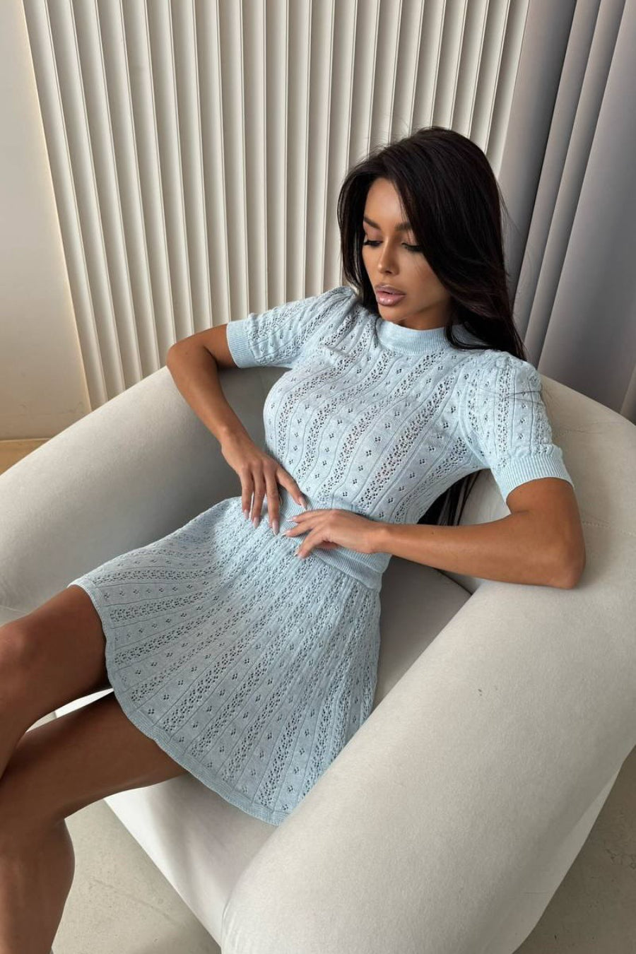 Lightweight Knit Solid Crew Neck Cutout Skirt Set