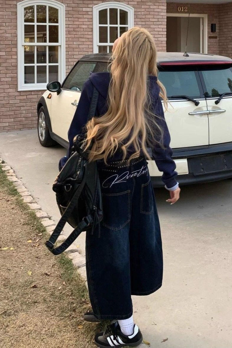 Vintage Back Embroidery Patchwork Wide Leg Jeans