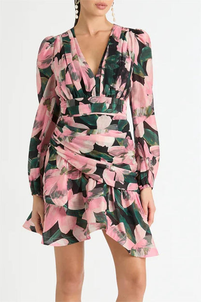 Floral Long Sleeve V-Neck Pleated Mini Dress Pink