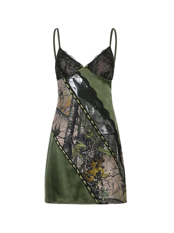 Irregular Print Lace Splice Tie Back Mini Dress