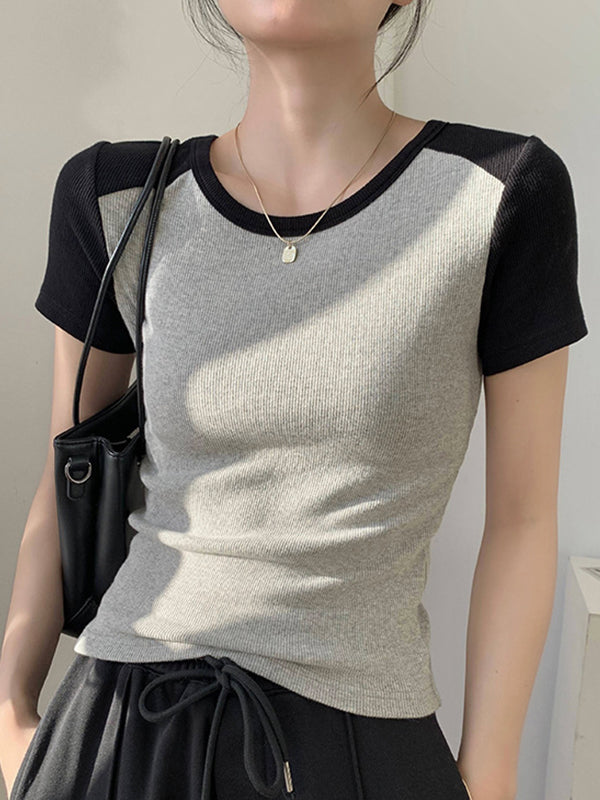 Contrast Color Stitching Crewneck Short Sleeve Knits