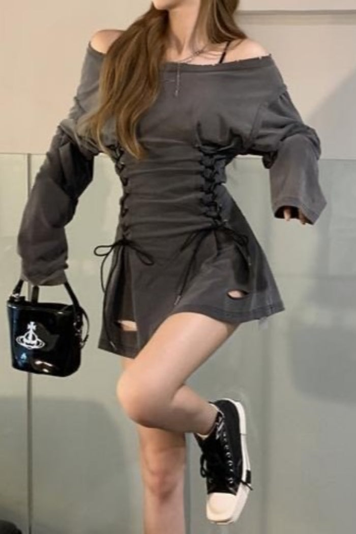 Strappy Asymmetric Shoulder Hoodie Mini Dress