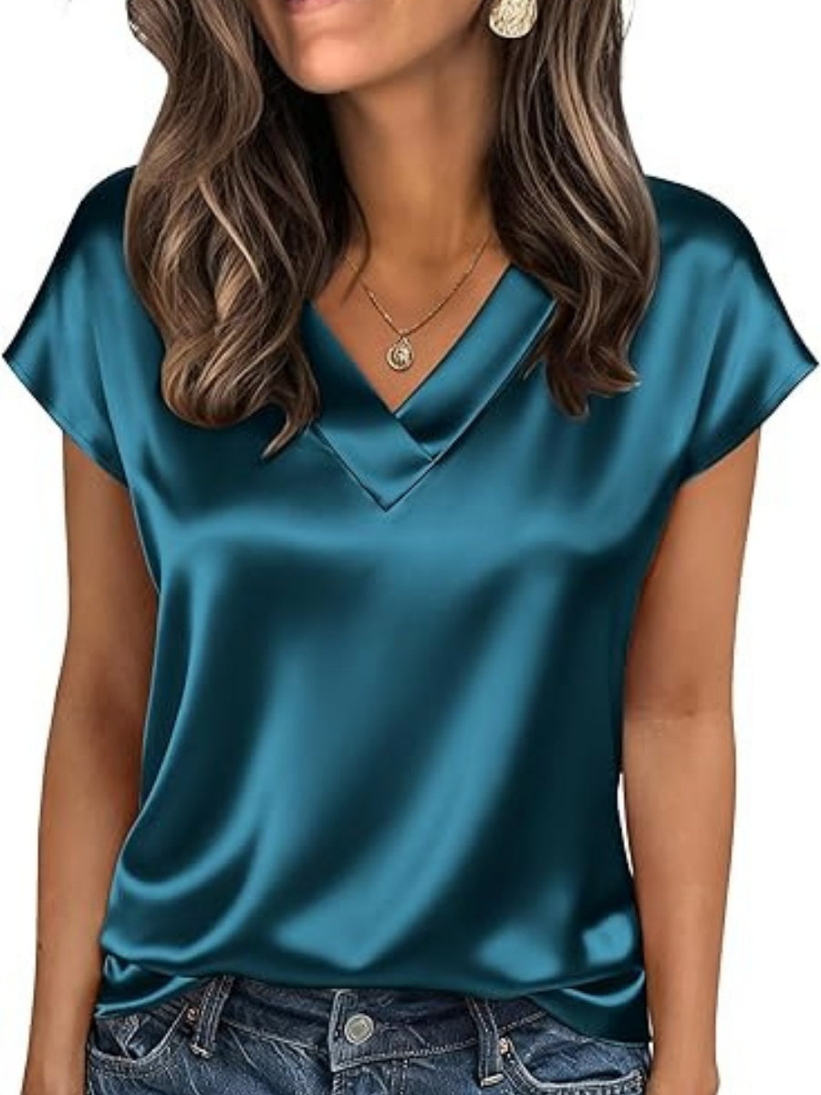 V-neck Satin Leisure Solid Color T-shirts