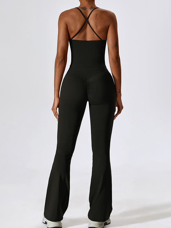 Sporty Solid Quick Dry Cami Top & Flared Pants Set