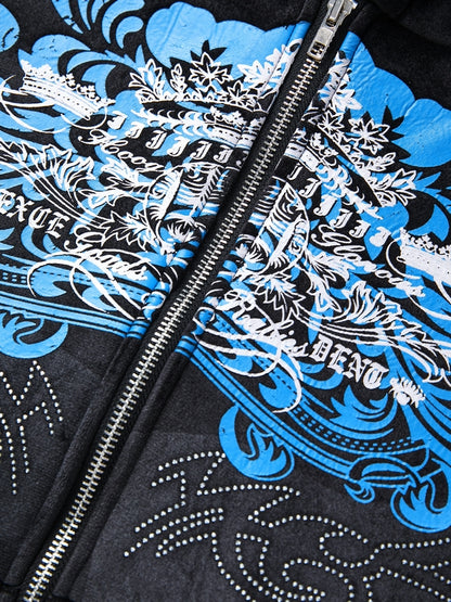 Grunge Rhinestone Print Zip Up Hoodie