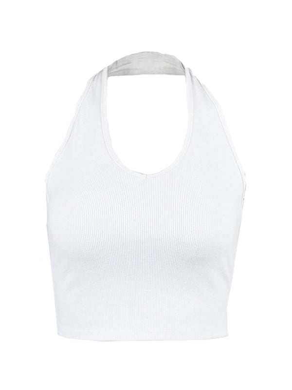 Solid Backless V Neck Halter Vest