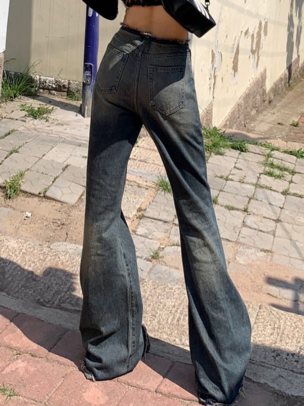 Low rise raw edge loose floor mopping Flare Jeans